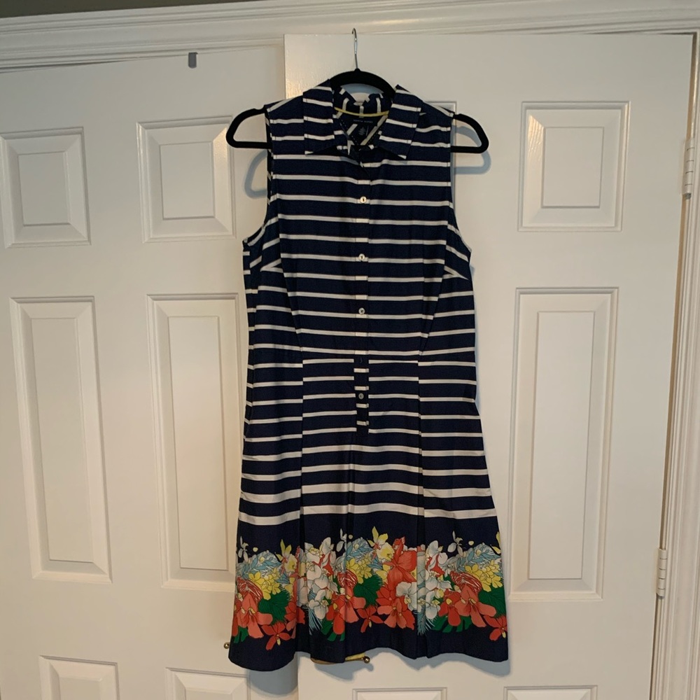 Tommy Hilfiger Navy Striped Midi Dress with Floral Hem